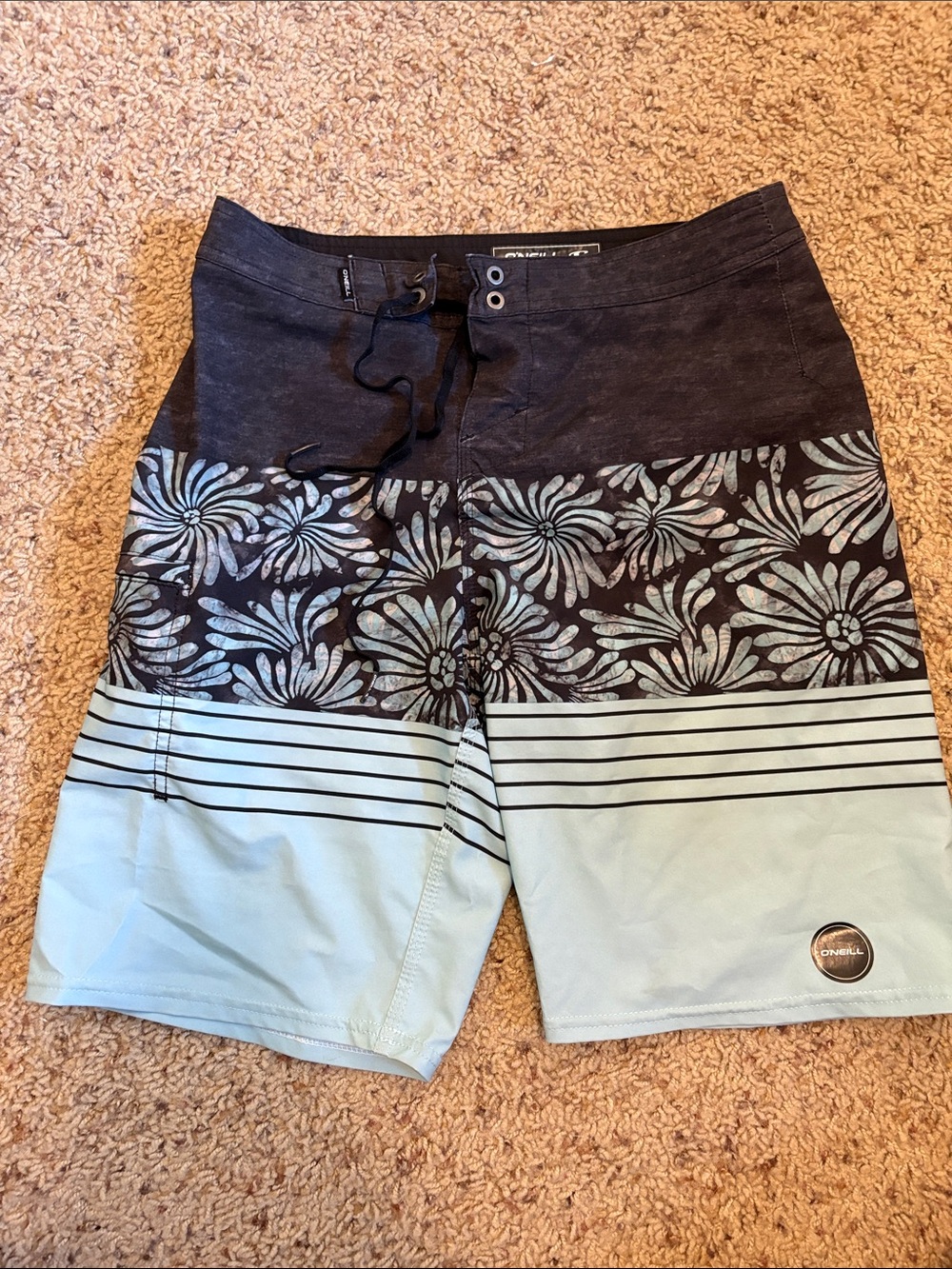 O'Neill Black and Light Blue Floral Stripe Boardshorts